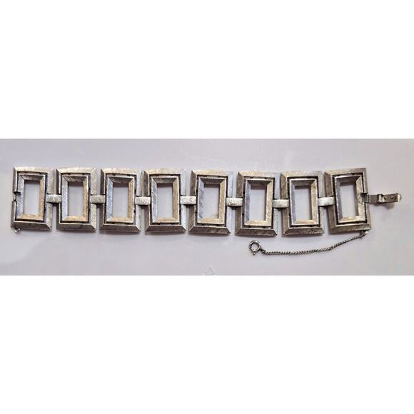Trifari Jewelry - Vintage Crown Trifari Bracelet Brushed Silver Tone Square Link Safety Chain 7”